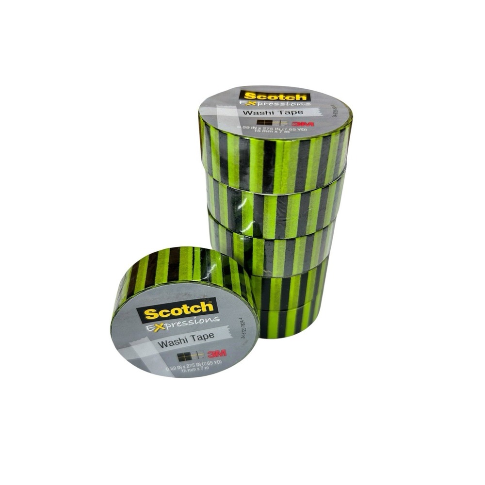 Lot 6 Scotch Expressions Washi Tape Green Black Striped 0.59in x 275in 3M Tape